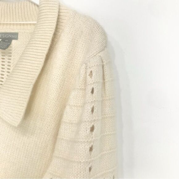 Design 365 Cream Cozy Puff Sleeve Collared Pullover Thick Knit Sweater - Picture 7 of 16